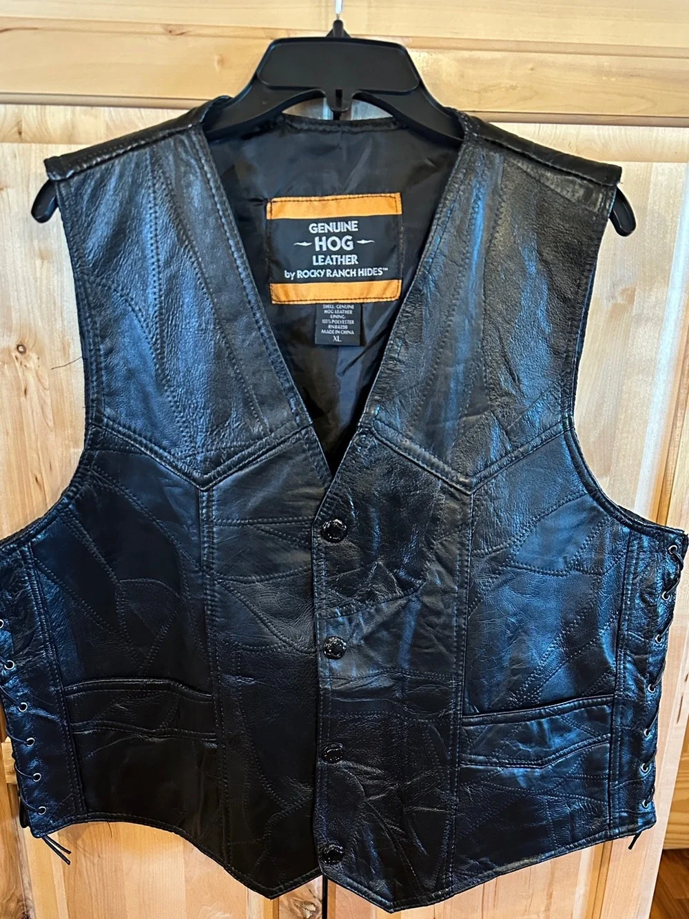 Rocky Ranch Hides Genuine Hog Leather Biker Vest featuring a patchwork design.